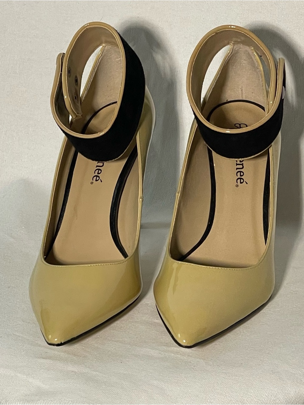J.Renee Two-Tone Patent Pointed Pumps in Cream and Black Ankle Cuff